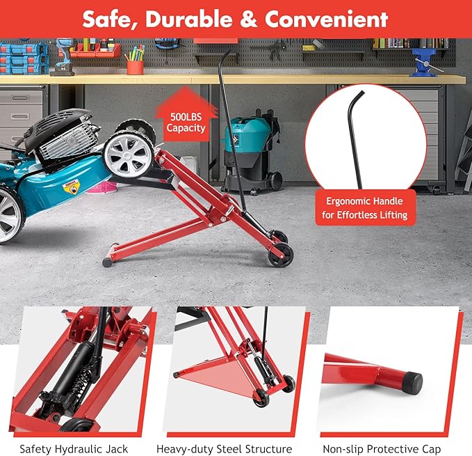 IRONMAX Lawn Mower Lift, 500 LBS Weight Capacity, Zero Turn Mower Hydraulic Jack with Non-Slip Wheels, Adjustable Riding Lawn Tractor Lift for Maintenance and Repair