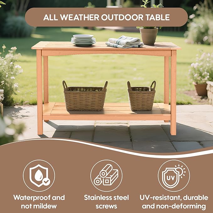 Outdoor Console Table, 48'' 2-Shelf SideTable Indoor/Outdoor Use, Multifunctional Buffet Table Bar Storage Organizer for Entryway,Yard, Weatherproof HIPS Patio Plant Stand Table, Brown