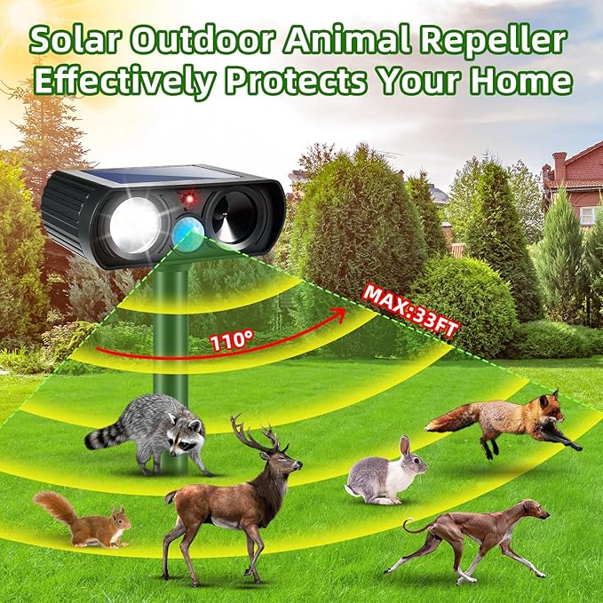 2025 4Pack Ultrasonic Animal Repellent Outdoor Solar Animal Repeller witht Motion Sensor&LED Strober Ligh Cat Deterrent Outdoor Deer Repellent Device to Scare Rabbit Fox Dog Raccoon Squirrel Skunk