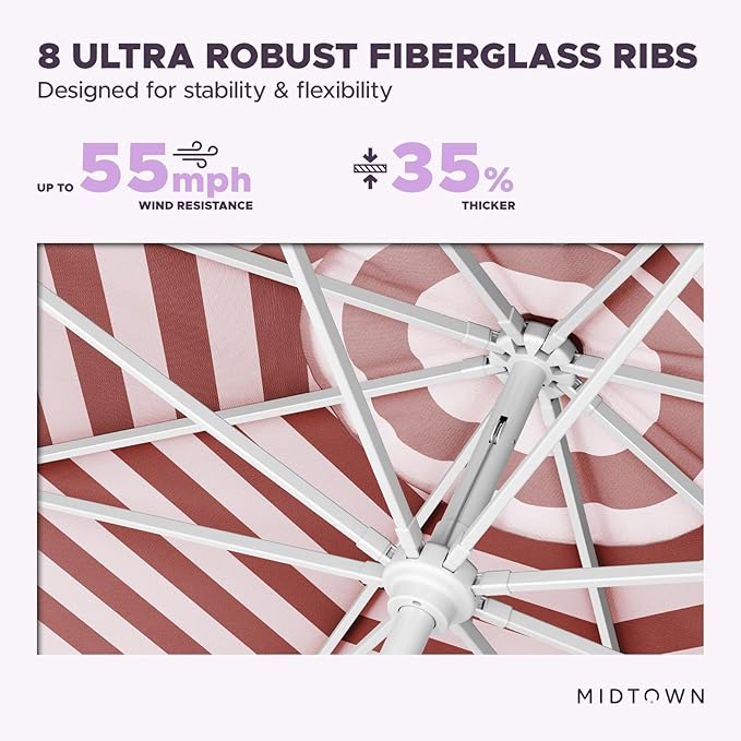 Midtown Umbrellas The Swilt 8 Feet Patio Umbrella in Terylast Red Stripes (Red/White) Polyester Fabric - Fiberglass Ribs, Auto-Tilt Aluminum Frame For Backyard, Deck, Garden, Pool - White Pole