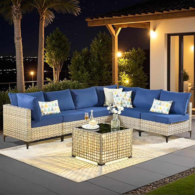 Outdoor Sectional Patio Furniture Set with Glowing Table,7 Pieces Wicker Conversation Sets L Shaped Couch Out Door Sofa Set Outside Furniture for Garden Deck Yard Porch,Navy Blue