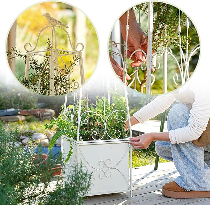 Sungmor Garden Obelisk Trellis with Planter Box - 5ft Metal Climbing Plant Support Tower with Bird Finial - Decorative Outdoor Wrought Iron Trellis for Roses, Clematis, Vines, Ivy - Distressed White