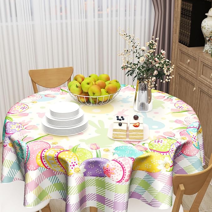 Giwawa Easter Tablecloth Round 60 Inches - Colorful Cute Bunnies Eggs Buffalo Check Plaid Table Cover Washable Stain and Wrinkle Resistant Reusable Table Cloth for Holiday Decor