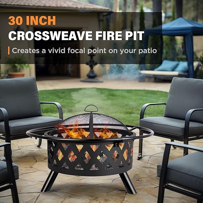 Red Mountain Valley 30'' Outdoor Wood Burning Fire Pit, 2-in-1 Large Round Fire Pit for Outside, Outdoor Fireplaces with Spark Screen, Fire Poker, Cover, Ideal for Patio, Backyard, Camping, Picnic