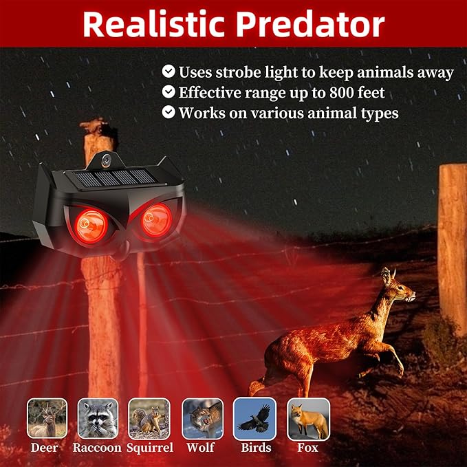 2025 Solar Nocturnal Animal Repeller,2 Pack Racoon Repellent Outdoor,Waterproof Deer Repellent Device,Wall-Mounted Red Flashing Light, Skunk Fox Coyote Deterrent for Chicken Coop Garden Yard
