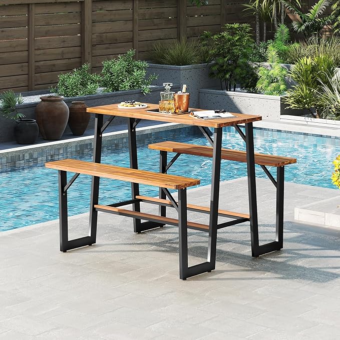 Tangkula Acacia Wood Picnic Table, 4-Person Outdoor Rectangular Table and Bench Set with 2 Built-in Benches, Footrests, Umbrella Hole, Heavy-Duty Metal Frame for Backyard, Poolside, Garden (Natural)