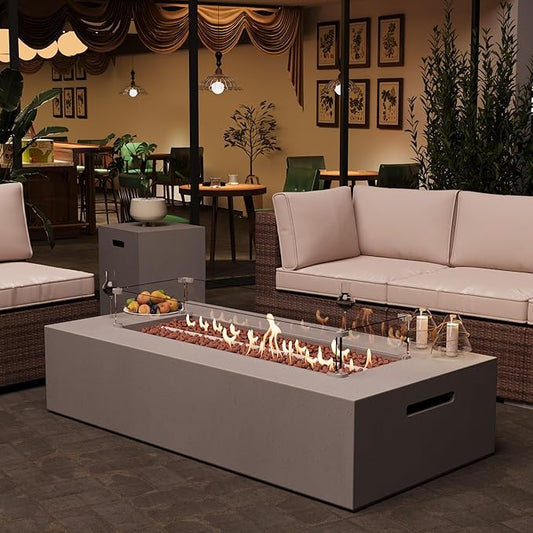 3-Piece Outdoor Propane Fire Pit Table Set – Premium Marble-Like MgO Finish, 56-Inch Gas Fire Table with Tank Table & Glass Wind Guard for Patio, Garden & Backyard, Includes Rain Cover & Lava Rocks