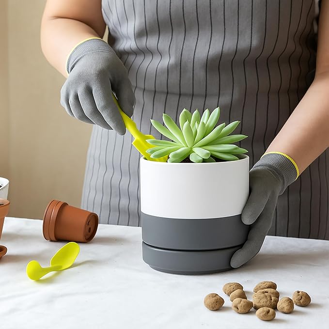 D'vine Dev 4.7 Inch & 6.5 Inch Ceramic Planter Pots for Plants with Drainage Hole and Saucer, Small Plant Pots Set, White/Speckled Grey, 94-G-S-6