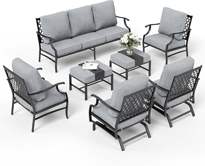 7 Piece Metal Outdoor Patio Furniture Sets, Patio Conversation Sets 1 3-seater Sofa, 2 Fixed Chair, 2 Rocking Chair, 2 Ottomans with 5.75" Thick Cushion, Black Backyard Furniture, Gray