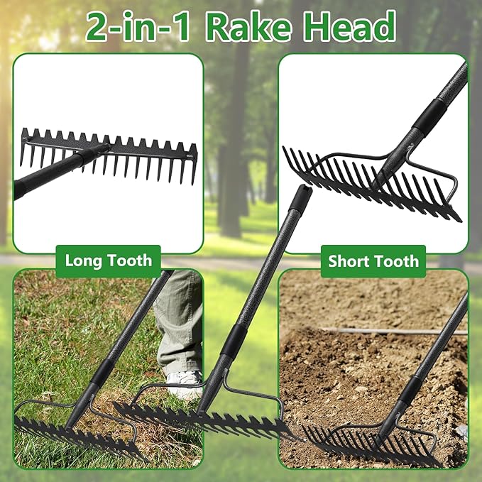 49 inch Bow Rake,2-in-1 17 Tooth Rake for Leaves Portable and Adjustable for Gardening Leaves Loosening Soil Leveling Lawn Farming Land Management Yard