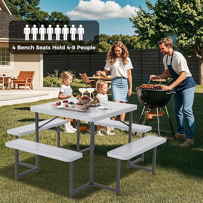 Giantex Picnic Table Bench Set for 4-8 People, 34" Outdoor Square Dining Table & 2 Benches w/Umbrella Hole, HDPE Tabletop, Metal Frame, Patio Camping Furniture for Backyard Porch Lawn (Grey,Square)