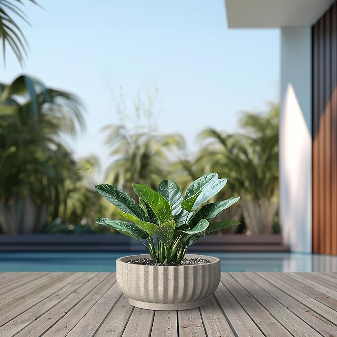 Kante Round Fulted Bowl Planter, 20.9 Inch Dia Large Concrete Flower Pots with Drainage Hole and Rubber Plug, Suitable for for Indoor Outdoor Plants, Home, Patio, Garden, Weathered Concrete