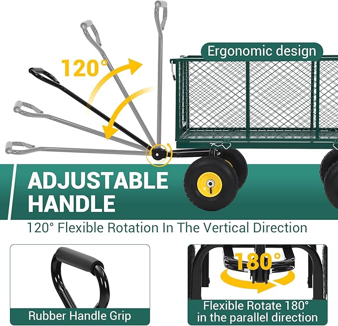 Heavy Duty Steel Garden Cart, 1100 LBS 3 in 1 Pullable Metal Garden Wagon with 10" Wheels, 180° Rotating Handle and Removable Sides for Farm, Yard