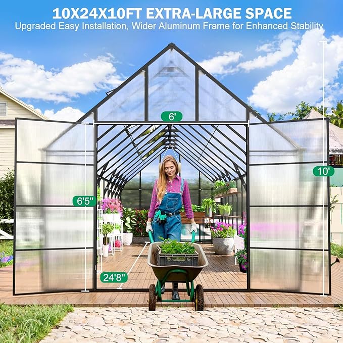 10x24 FT Large Greenhouse, Easy Assembly Hybrid Polycarbonate Greenhouses for Outdoors w/5 Vent Windows & Swing Door Walk-in Greenhouses Aluminum Green House for Outside, Black