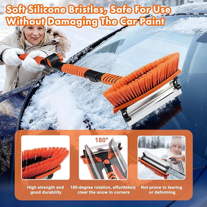 Eazy2hD 3 in 1 Bendable Snow Brush with Ice Scrapers, 64.17" Extendable Window Ice Removal with Squeegee for Windshield, 180° Pivoting Brush Head Cleaner Tool for Car, Truck, SUV