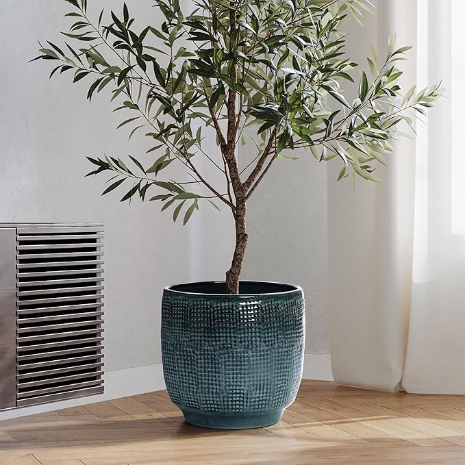 LuxenHome 12" Dia Large Ceramic Pots for Plants, Modern Green Glazed Planters for Outdoor Plants, Round Indoor Flower Pots with Drainage Hole and Rubber Plug for Home Garden Patio