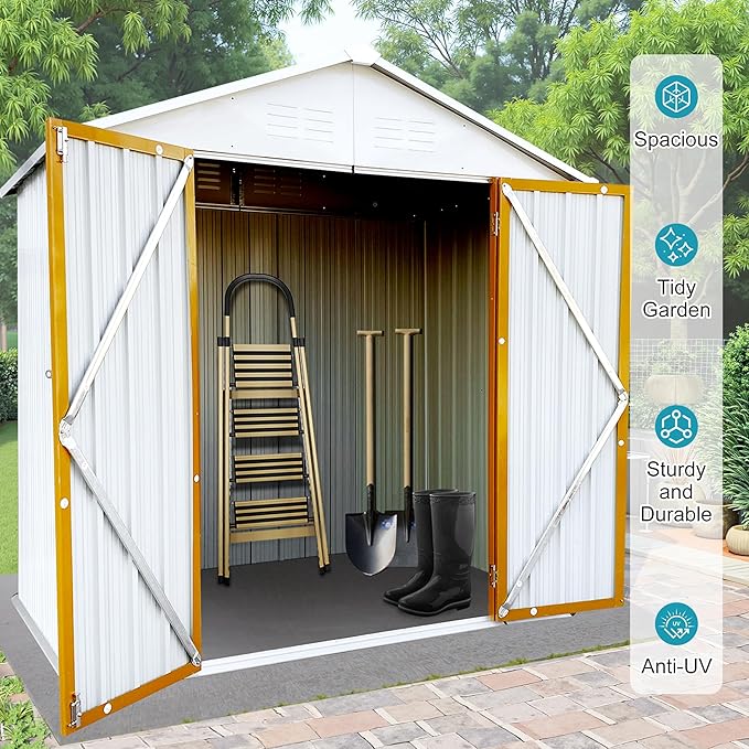 6x4 FT Outdoor Storage Shed, Metal Tool Shed with Lockable Doors, Peaked Roof & Frame Floor, Garden Shed with Vented Design for Backyard Garden Patio Lawn, White+Yellow