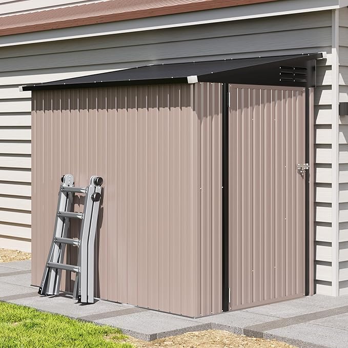 Aoxun 6' x 4' Lean to Shed Outdoor Steel Garden Utility Cabinet with Lockable Door Waterproof & Rust-Proof for Yard, Patio, Backyard (Brown, Base Included)