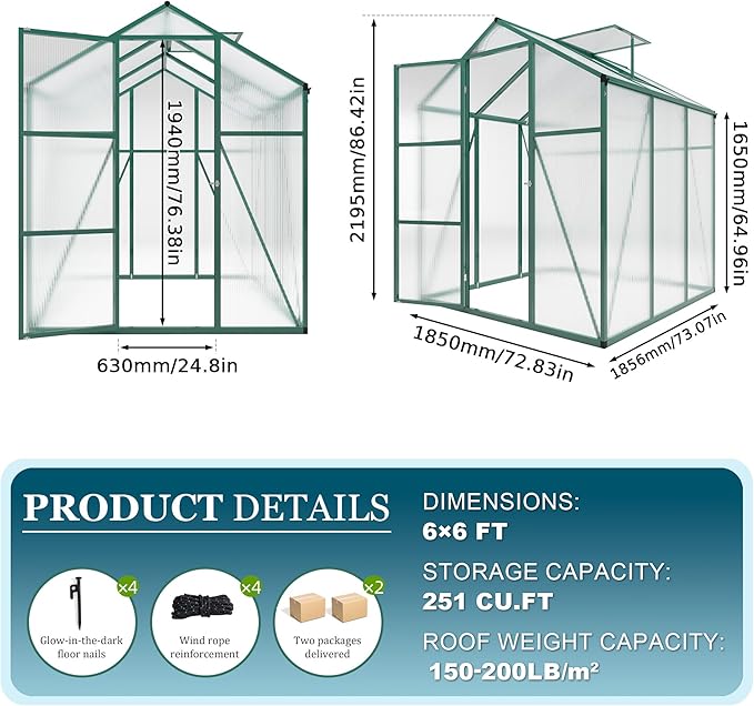 6*6.2*7.2FT Greenhouse for Outdoors, Polycarbonate Greenhouse with Stronger Wind Protection and Roof Vent, Walk-in Large Aluminum Sunroom Winter Proof, Green