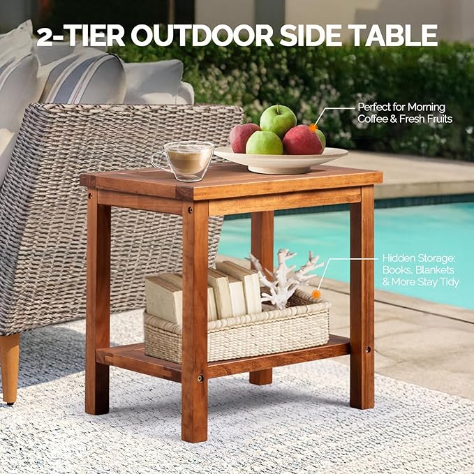 VINGLI 2-Tier Solid Wood Outdoor Side Table, Weather-Resistant Patio End Accent Table Wooden Coffee Table for Garden, Balcony, Porch