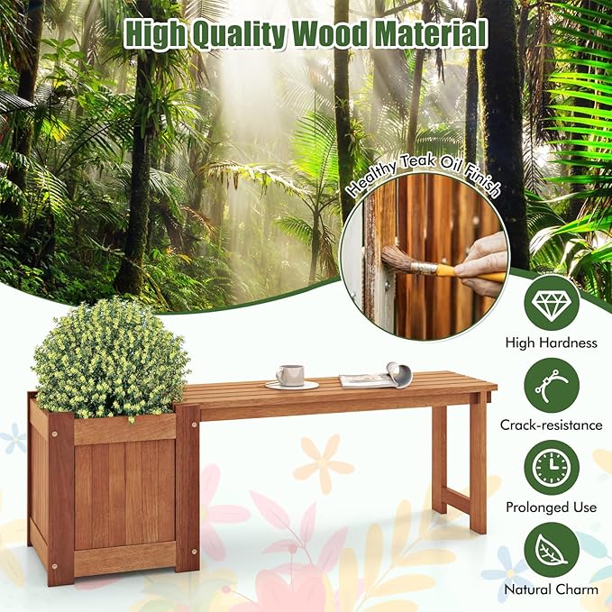 Giantex Set of 2 Outdoor Bench with Raised Garden Beds, 4-in-1 Wood Seat with Teak Oil Finish, Planter Boxes with Open-Ended Base, Garden Bench Seat for Porch Balcony Lawn Yard, DIY Assembly