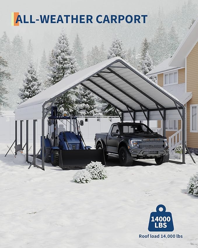 20'x20'x13' Metal Carport for 2 Cars, Heavy Duty Steel Frame for All Weather, Permanent Shelter for Boats, Full-Sized Pickup Trucks, and Tractors, N.W. 800 Lbs