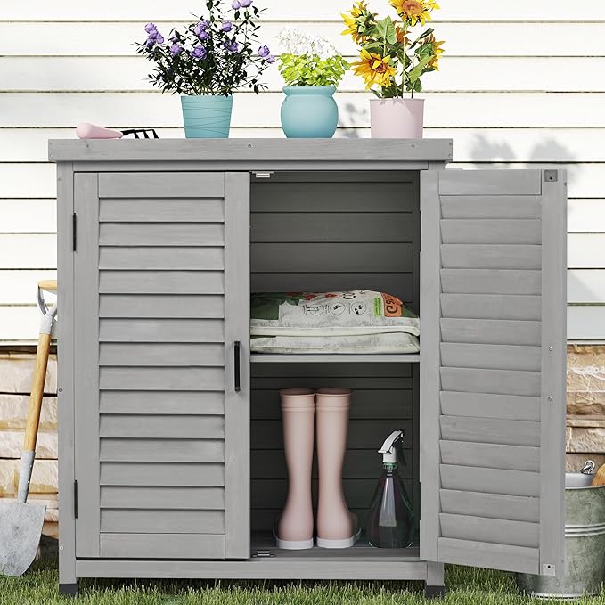 Outdoor Storage Cabinet & Potting Bench Table with Metal Top (Accent Grey, 36x31x17in)