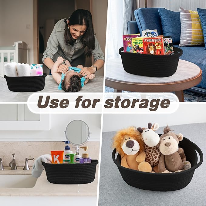 Pro Goleem Small Woven Basket with Gift Bags and Ribbons Durable Baskets for Gifts Empty Small Rope Basket for Storage 12"X 8" X 5" Baby Toy Basket with Handles, Black