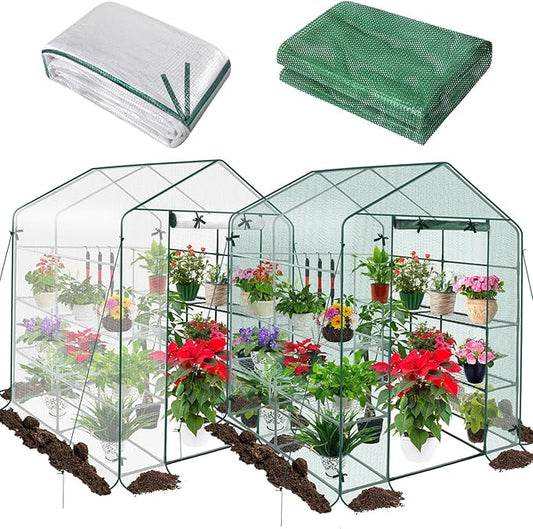 2 in 1 Greenhouse for Outdoors with 2 Protective Net, Kalolary 7FT Portable Walk in Greenhouse Plant Garden Green House for Winter Summer Large Garden Greenhouse with Door Heavy Duty Greenhouse (1PC)