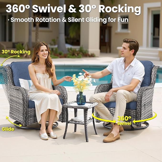 ovios 7 Pieces Patio Furniture Set, Outdoor Wicker Sofa Couch with Swivel Chairs 42" Fire Pit Table, All Weather High Back Modern Conversation Sets, Grey Rattan, Denim Blue