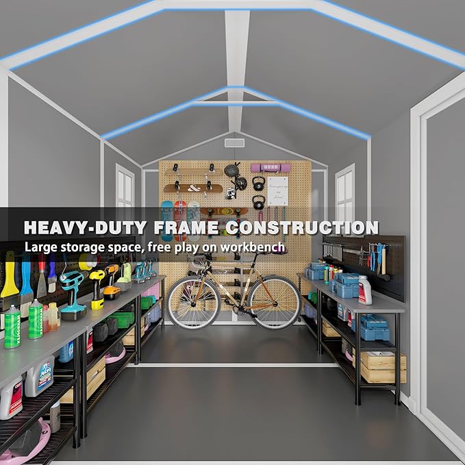 10x8 FT Resin Outdoor Storage Shed with Floor, Weather-Resistant Plastic Garden Shed with Windows, Lockable Door and Vents, Outside Tool Storage Sheds for Backyard, Garden, Patio, Lawn, Grey