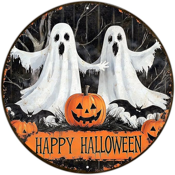 PEACHGARDEN Round Happy Halloween Pumpkin Wreath Vintage Sign Halloween Ghost Metal Tin Sign for Home Bar Kitchen Hotel Dining Room Coffee 12x12inch