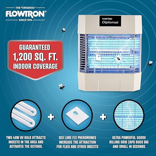 Flowtron Indoor Bug Zapper | Electric Fly & Insect Killer with 80W UV Light, Pheromone Lure Attractant, Shock Kill Grid & Reflector Panels | 1200 Sq Ft for Kitchen, Restaurant & Barn, UL Certified