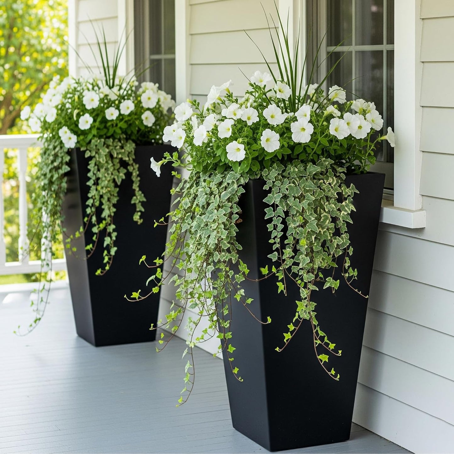 WORTH Garden Large 28 in.Tall Planters Set of 2 for Indoor and Outdoor, Heavy Duty Plastic Black Modern Taper Flower Plant Pots with Drainage Hole and Dual-Purpose Tray for Front Porch, Patio