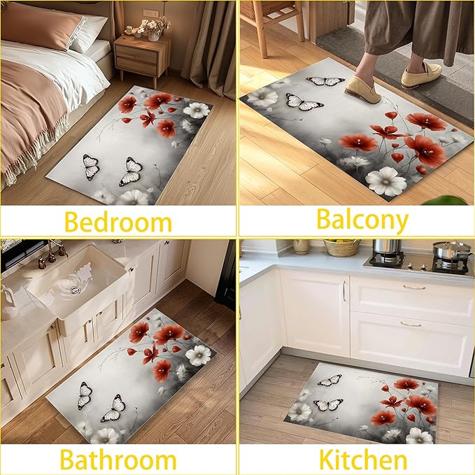 Red Poppy Flower Welcome Mat Indoor,Vintage Butterfly Floral Front Door Mat,Non-Slip Entryway Rug, Low Profile Felt Indoor Doormat for Back Door Porch Patio Entrance,30 x 17 Inch