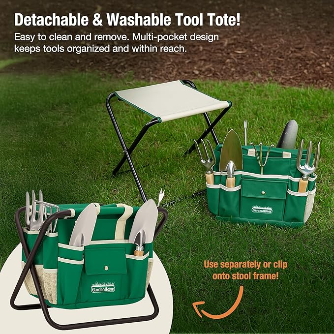 GardenHOME 7-Piece Gardening Tool Set – Stainless Steel Hand Tools with Wooden Handles, Folding Stool, and Canvas Tote Bag, Yard Maintenance Kit for Gardeners, Women, and Beginners