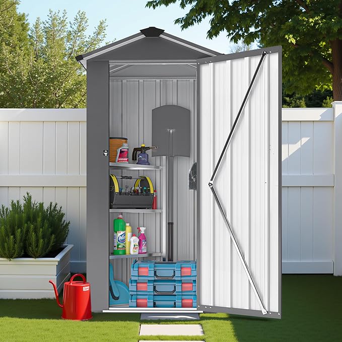 2.5x1.4 FT Outdoor Storage Shed, Metal Tool Shed with Lockable Doors & Peaked Roof, Galvanized Steel Garden Shed for Backyard Garden Patio Lawn, Black