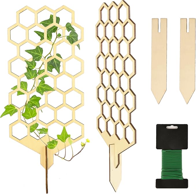 Wood Trellis for Climbing Plants Indoor & Outdoor - 2 Pack 18" Modern Honeycomb Small Plant Trellis - Stabilizing Plant Support for Indoor Plants - Small Trellis for Potted Plants to Encourage Growth