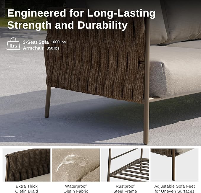 EAST OAK Life Chatter Patio Furniture Set 5 Pieces, Outdoor Furniture 5-Seat Sofa with Two Round Coffee Table, Waterproof Thick Cushion Deep Seating for Porch, Balcony, Chestnut Brown & Creamy Apricot