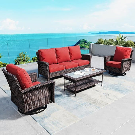4 Pieces Patio Furniture Set with Swivel Chairs, High Back Wicker Rattan Sofa with Extra Thick Cushion and Coffee Table, Outdoor Conversation Set for Garden Backyard Deck,Red