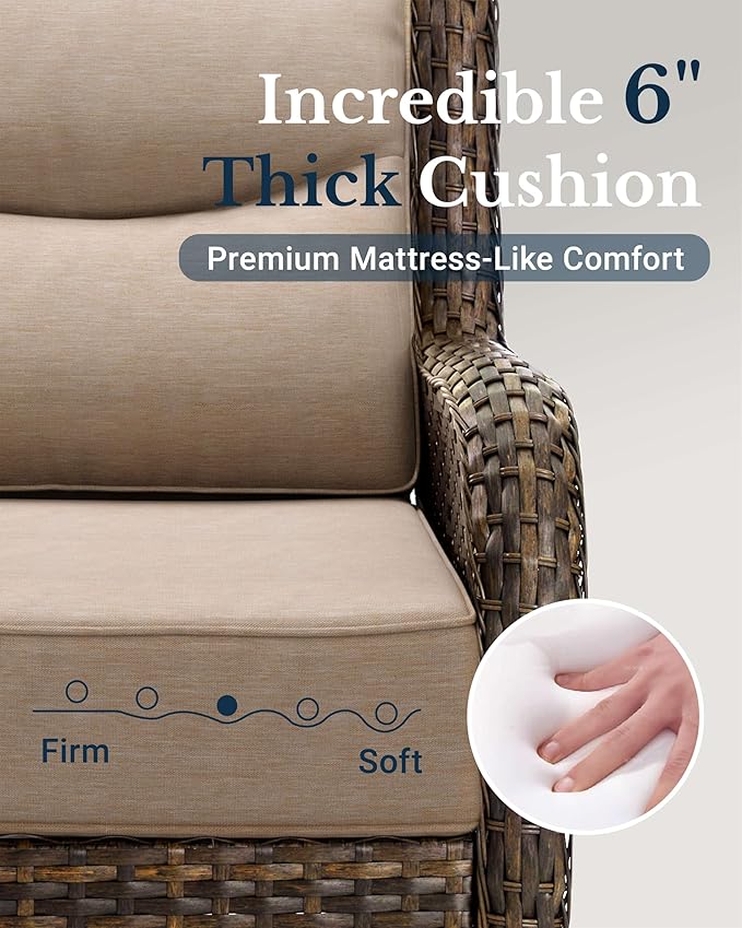 HILLGA Luxury Patio Furniture Set with 6-Inch Thick Cushions, High Back Outdoor Swivel Rocker Chairs and Patio Couch, 6-Piece All Weather Conversation Set for Porch Deck Pool Yard, Beige (V3)