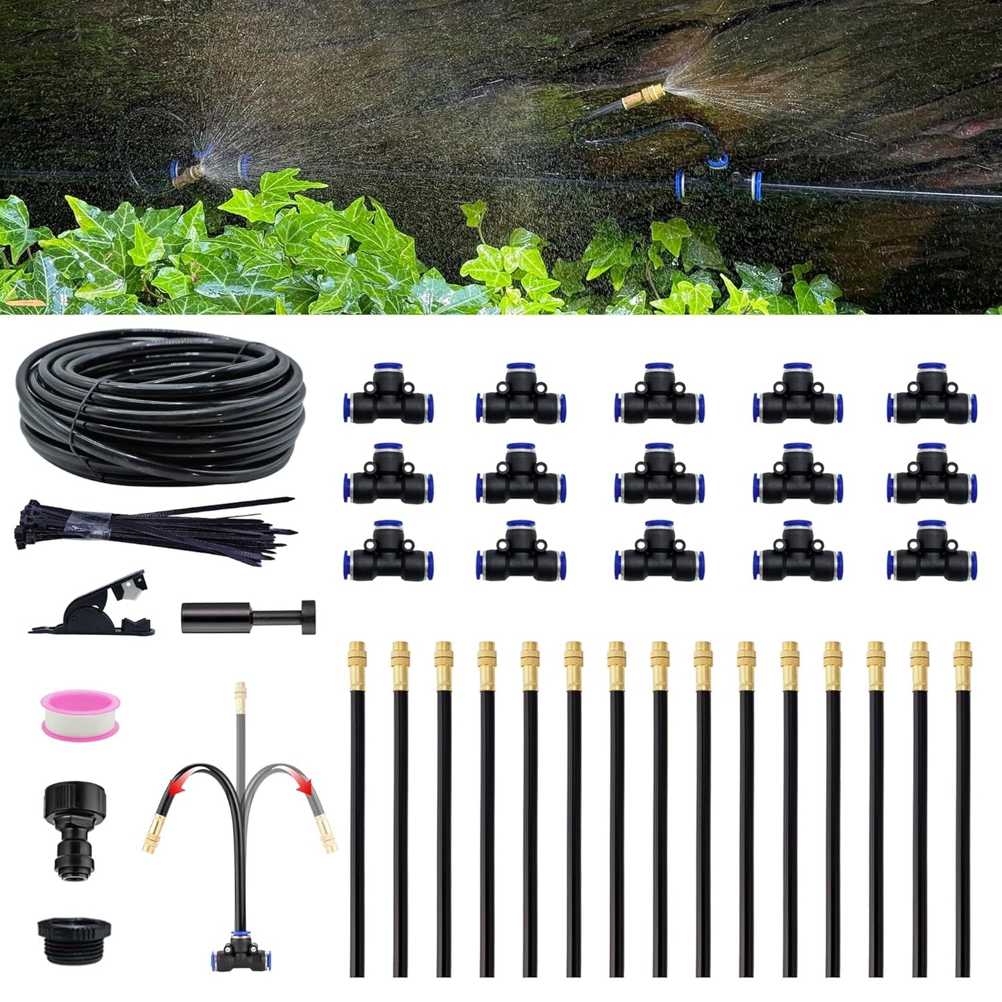 360°Bendable Automatic Irrigation System, 49.21Ft Adjustable Garden Watering Misting System for Outdoor Cooling System, Greenhouse, Yard, Lawn, Plant, Water Mister Nozzles Thread Sprayer 0.043"