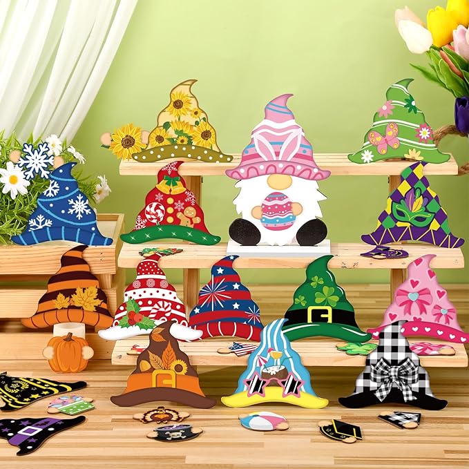 Blulu Interchangeable Wooden Gnome Decor DIY Holiday Seasonal Fall Gnomes Halloween Tiered Tray Decoration with Magnet Pieces Halloween Welcome Sign for Holiday Decorations(Stylish)