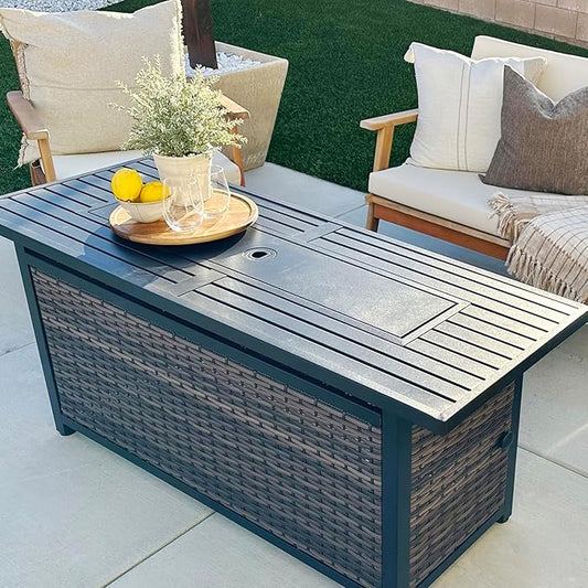 Sophia & William 56 Inch Gas Fire Pit Table Outdoor Rattan Propane Fire Table & Fireplace with Fire Glass, Lid, 50,000 BTU Firepits for Outside Patio