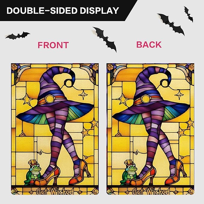 Get Wicked Garden Flag Witch Hat Holiday Garden Flag The Frog Prince Stained Glass Style Vertical Double Sided Rustic Farmland Burlap Yard Lawn Outdoor Decor 12.5x18"