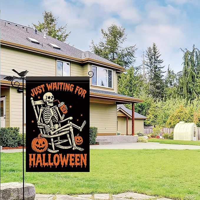 Halloween Garden Flag Skeleton Pumpkin Flag Just Waiting for Halloween 12x18 Inch Double Sided Outdoor Yard Banner for Trick or Treat Haunted House Spooky Decoration Decor