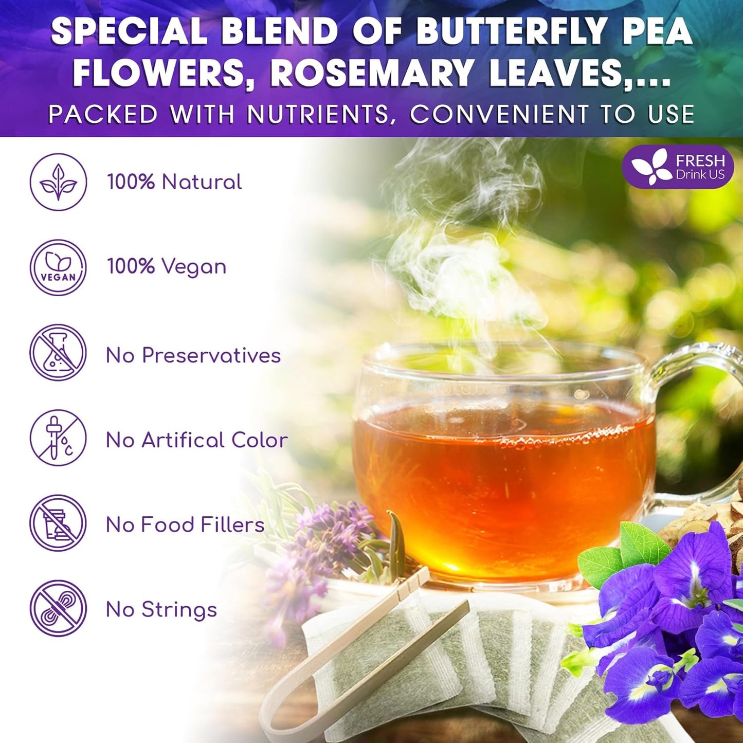 FreshDrinkUS, Clarity Calm Butterfly Pea Flower Tea – 60 Tea Bags Herbal Blend of Butterfly Pea Flower, Rosemary, Moringa, Lemongrass & Licorice Root – Caffeine-Free. Sugar-Free. Gluten-Free. Vegan