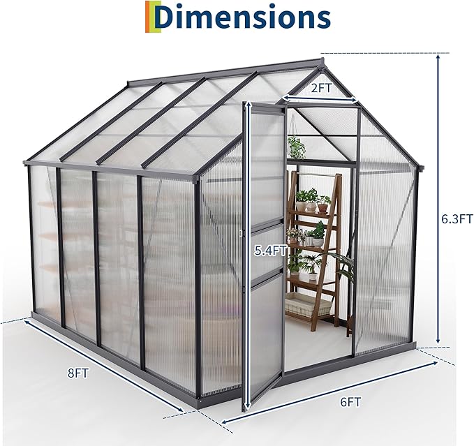6*8 FT Outdoor Walk-in Greenhouse, Polycarbonate Green House, Heavy Duty Greenhouse with Vented Roof Window, Windproof Aluminum Frame, Suitable for Outside Gardening, Backyard, Patio