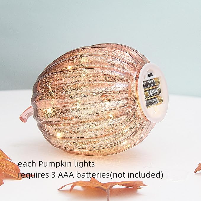 Mercury Glass Pumpkin Lights with Timer, Battery Operated Led Pumpkin Lights for Halloween Fall,Thanksgiving Rustic Decor (Rosegold Common, 8")