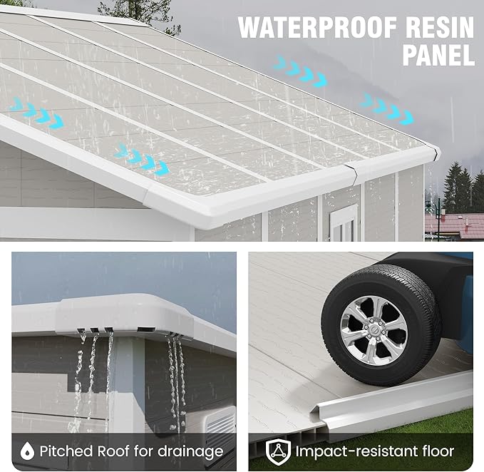 Outdoor Storage Shed, 8x10 FT Resin Shed with Floor and Lockable Door, Window & Vents, Tool Sheds and Outdoor Storage for Bike, Tools, Garden Accessories, Waterproof Sandstone